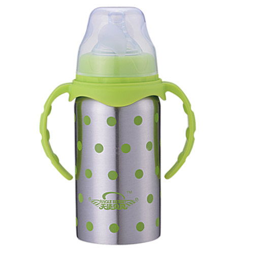 天使貝貝波點(diǎn)帶手柄兒童不銹鋼奶瓶綠色