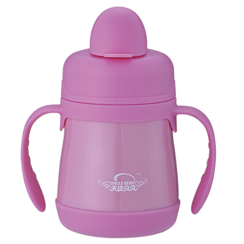 天使貝貝帶手柄寬口兒童水杯粉色