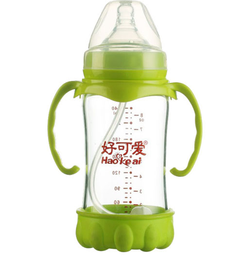 好可愛(ài)寬口自動(dòng)吸管手柄弧形晶鉆玻璃奶瓶240ML