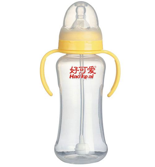 好可愛標(biāo)口自動吸管手柄弧形奶瓶300ml