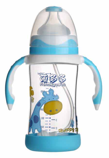 萌多多寬口直身晶鉆玻璃240ml雙色蘭白底防護(hù)自動奶瓶