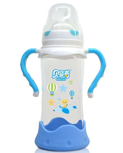 貝嬰奇260ml防爆感溫寬口玻璃奶瓶藍色