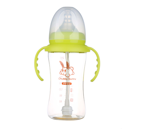 丘比兔PPSU寬口徑葫蘆型自動(dòng)把手奶瓶280ML青色