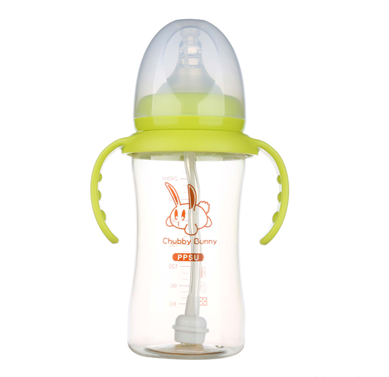 丘比兔PPSU寬口徑葫蘆型自動(dòng)把手奶瓶240ML青色