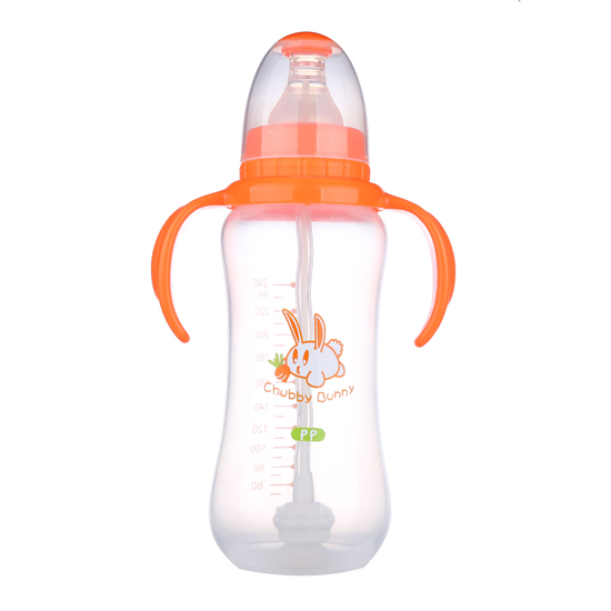 丘比兔PP標(biāo)準(zhǔn)口徑葫蘆型自動(dòng)把手奶瓶240ML橙色
