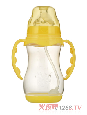 嬰之美寬口雙耳自動(dòng)圓弧PP奶瓶帶底300ML黃色