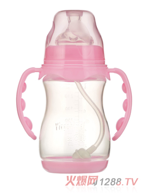 嬰之美寬口雙耳自動(dòng)圓弧PP奶瓶帶底240ML粉色
