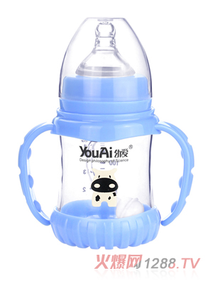 幼愛帶柄自動(dòng)吸防摔感溫晶鉆玻璃寬口奶瓶150ml